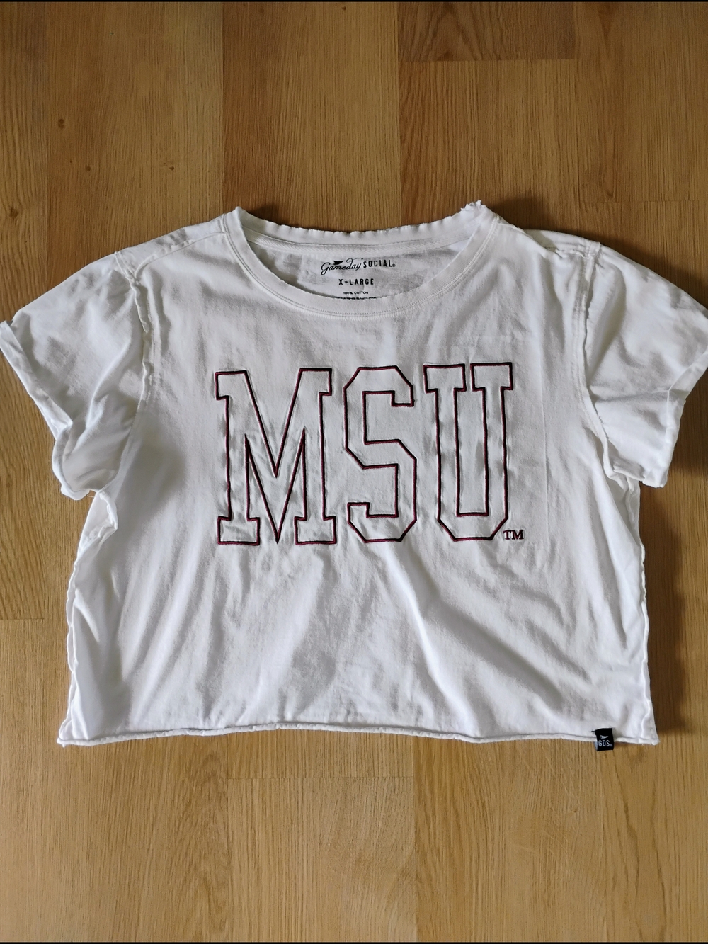 MSU White Cropped Tee with Maroon Outline